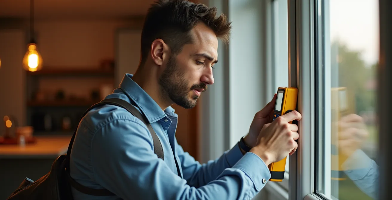 Évaluateur énergétique professionnel examinant le cadre d'une fenêtre avec équipement de mesure spécialisé