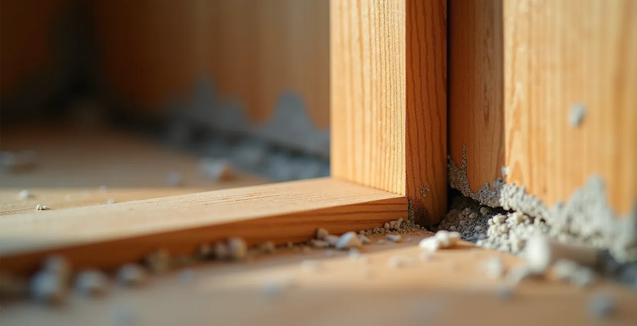 Vue macro de la texture du bois d'un cadre de fenêtre en cours d'installation avec détails des joints