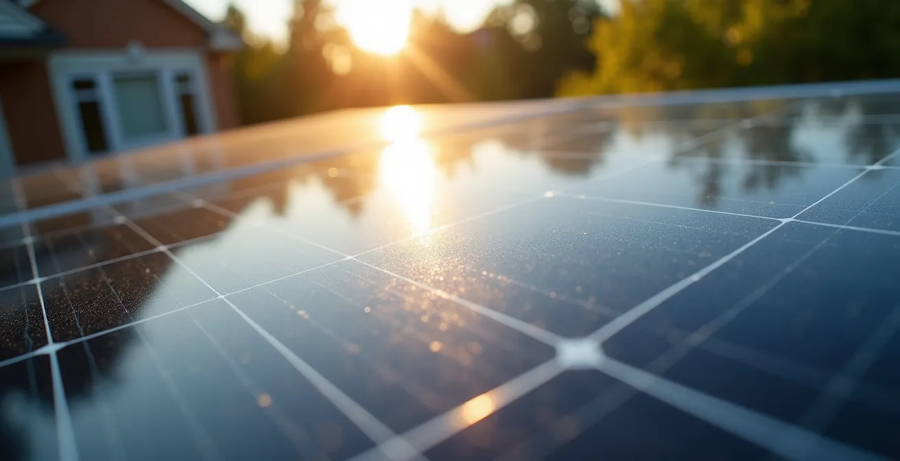 Gros plan sur capteur solaire avec ombres portées d'arbres