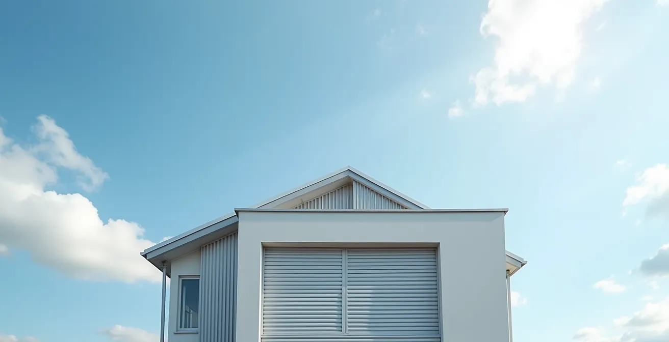 Vue d'ensemble d'une façade avec panneau solaire intégré sur coffre de volet