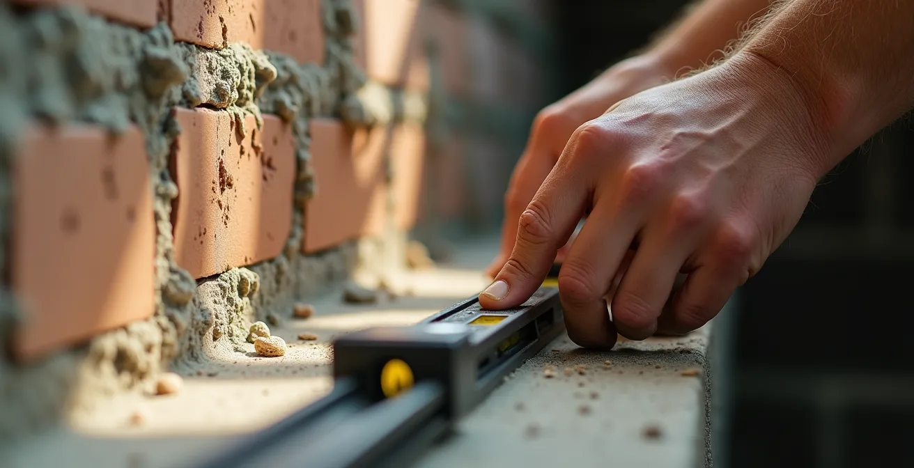 Mains expertes d'un artisan analysant la structure d'un mur avec outils de diagnostic