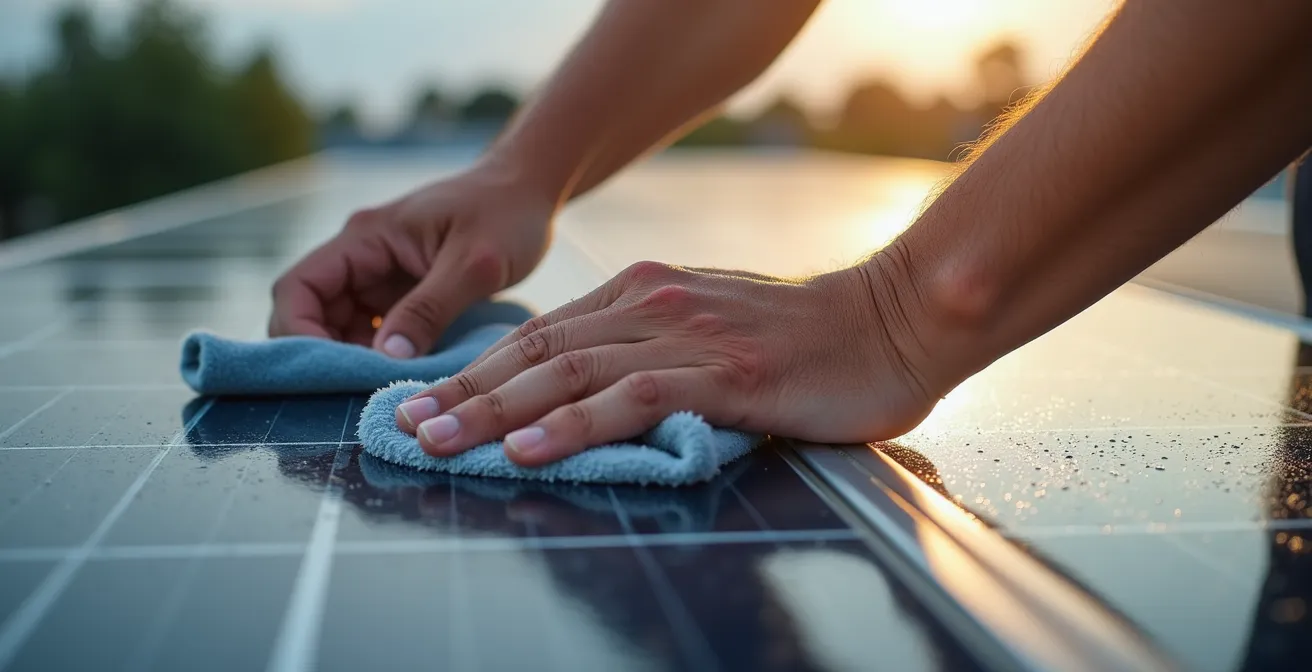 Main nettoyant délicatement un panneau solaire avec chiffon microfibre