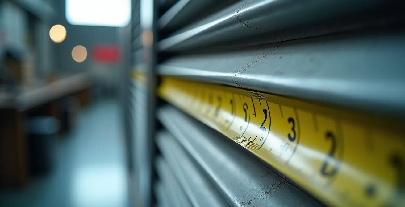 Mètre ruban mesurant la largeur d'un volet battant en aluminium