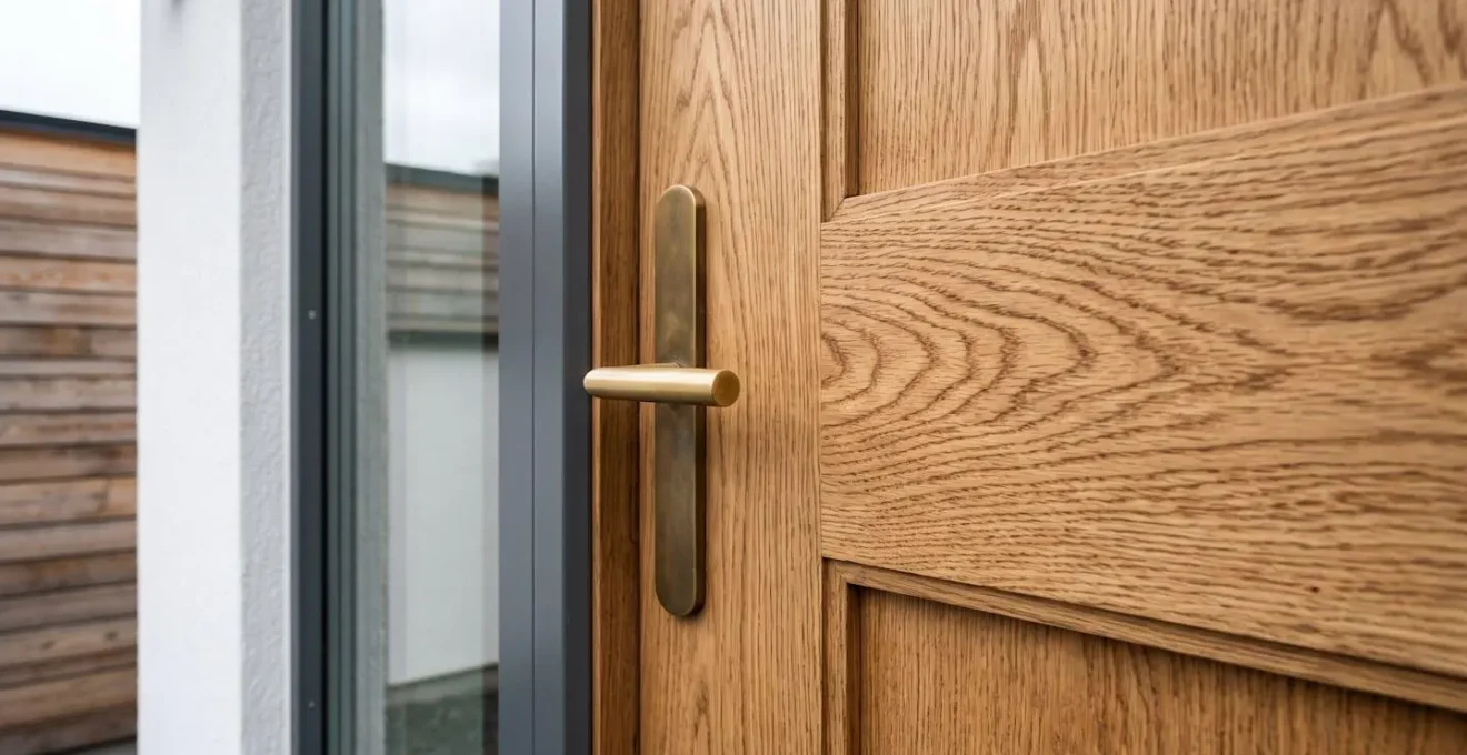 Détail d'une porte d'entrée en bois massif montrant la texture naturelle du matériau et la poignée en laiton